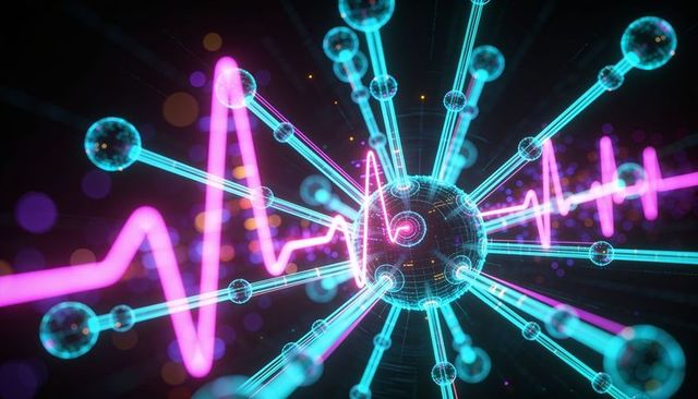 Neon neural node pulsing with cyan data rods and magenta ecg waveform for ai, healthcare