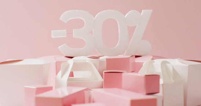 Minus thirty per cent text in white with pink and white gift boxes on pink background - Download Free Stock Photos Pikwizard.com