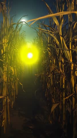 Lone Figure Walking Through Cornfield Lifting Lantern Toward Glowing Orb Night Video