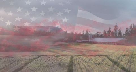 American Flag Overlay on Serene Rural Landscape at Sunset