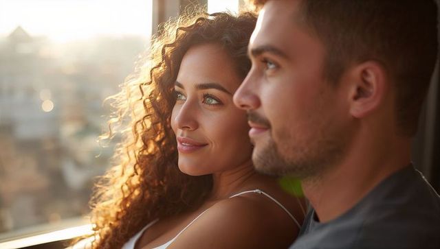 Couple gazing out window at golden hour in urban loft, romantic moment, warm light
