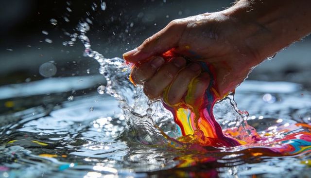 Adult hand squeezing vibrant paint into water creating colorful splash and ripples