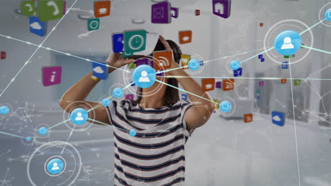 Woman Exploring Virtual Network with VR Headset