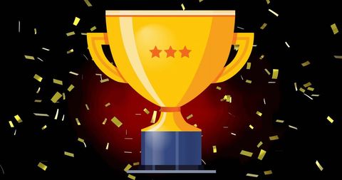 Golden trophy in confetti celebration on black background