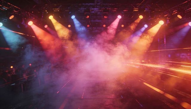 Glowing Fog Filling Concert Stage Neon Spotlights Reflective Floor Dramatic Haze