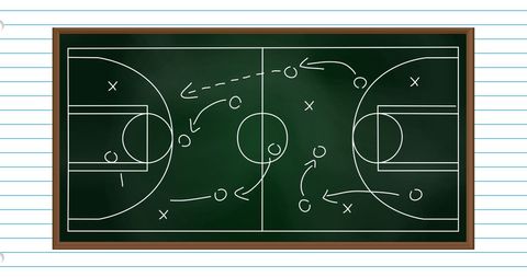 illustrates a strategic basketball game plan on a chalkboard. useful for coaches and sports enthusiasts to study game tactics, create presentations on sports strategies, or design related educational materials.