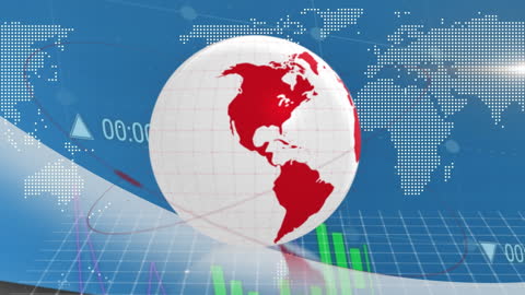 Depicts the concept of global data processing and technology. Features a world map and digital graphics that illustrate data analytics and networking, useful for articles on global business strategies, technological advancements, and international market analysis. Ideal for presentations and websites focused on digital business or finance trends, emphasizing connectivity and information flow.