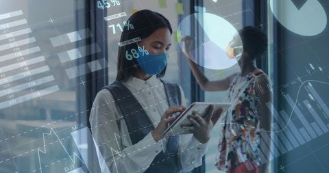 Businesswoman analyzing financial data on tablet during pandemic