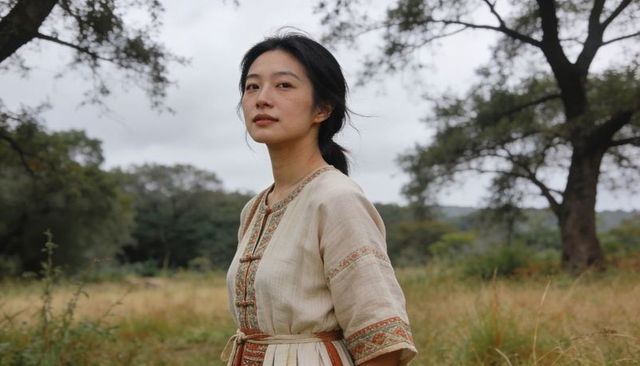 Asian woman wearing embroidered linen dress standing in wind-swept meadow with oak trees