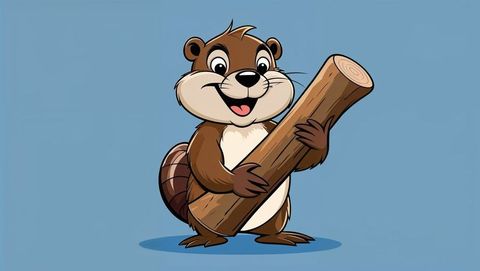 Friendly cartoon beaver holding wooden log
