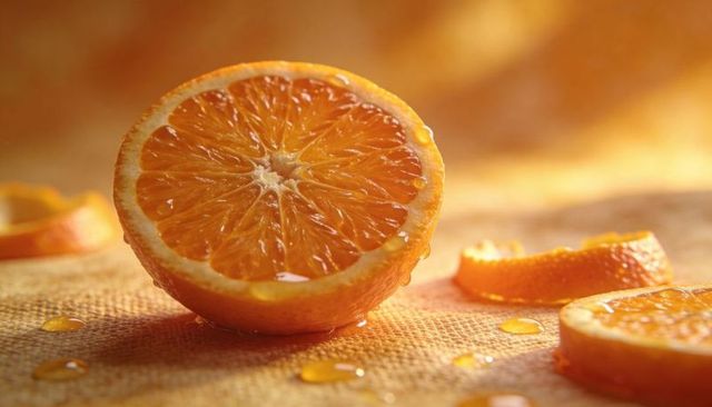 Halved orange gleaming with fresh juice on textile, slices and droplets in warm bokeh
