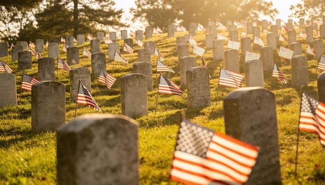 Sunlit military cemetery rows with american flags for memorial day and veterans tribute