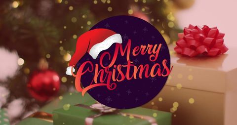 Festive Merry Christmas with Santa Hat and Presents