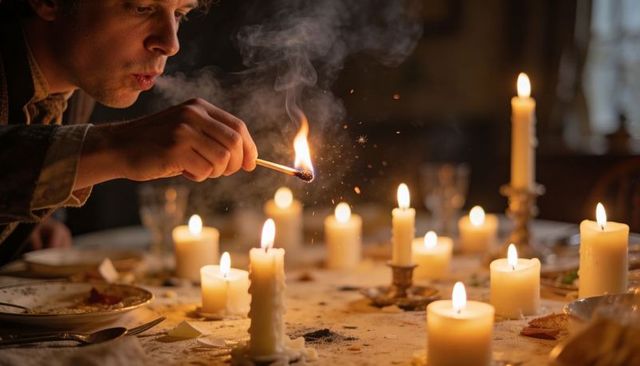 Leaning man lighting match to candle on moody candlelit dining table with warm intimate glow