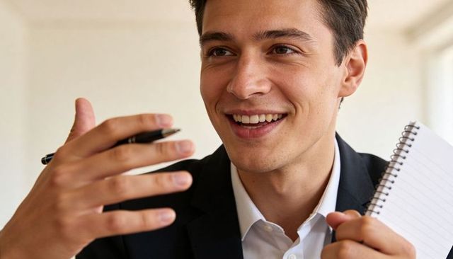 Smiling young executive gesturing with spiral notepad and pen during business meeting
