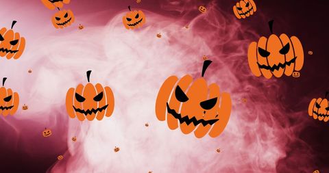 Spooky Halloween Pumpkins Over Enigmatic Pink Smoke