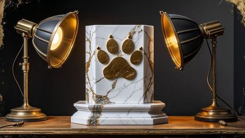 Elegant marble stand with gold paw print and vintage lamps