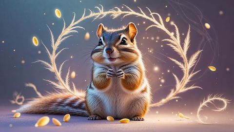 Adorable chipmunk collecting golden seeds with magical elements