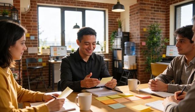 Creative team brainstorming with sticky notes in modern brick office collaboration
