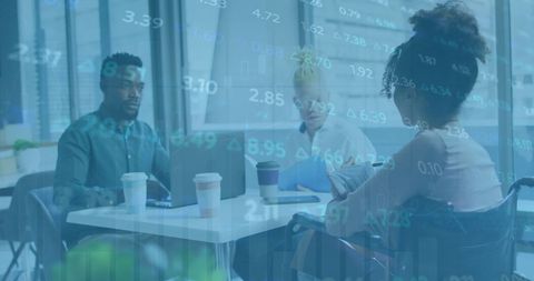 Business team and digital stock market data projection