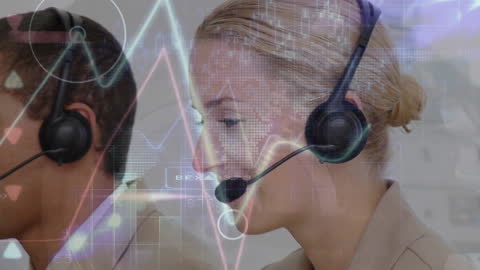 Customer Service Team with Data Overlay in Modern Office
