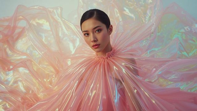 Futuristic fashion model in glossy pink vinyl outfit with iridescent backdrop