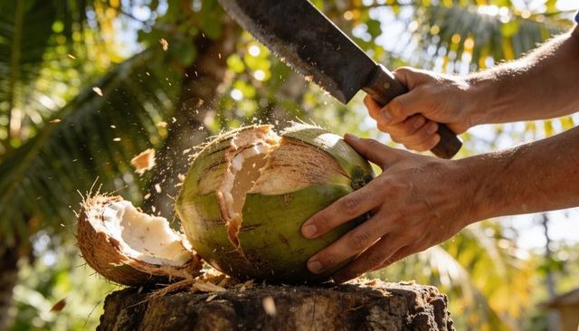Closeup hands splitting fresh green coconut with machete on stump in sunlit tropical palm