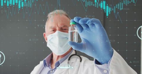 Senior physician holding vaccine vial with surgical mask and gloves, data overlays