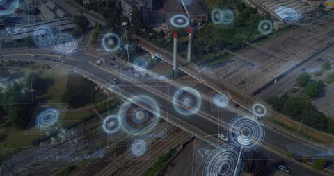 Digital Network Overlay on Cityscape with Connectivity Icons