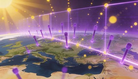 Futuristic geospatial network over europe with glowing purple pins on orbital grid