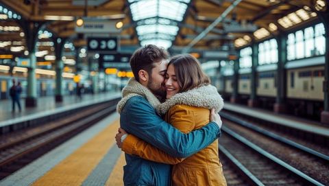 Couple embracing on train platform with shearling jackets