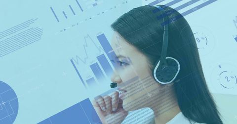 Businesswoman with headset analyzing digital data innovations