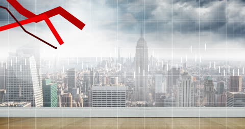 Falling Stock Graph with Cityscape Background