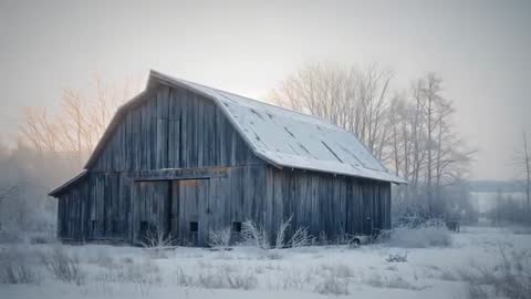 Sunrise Casting Warm Light Over Snow-Covered Barn and Frosted Field