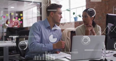 Colleagues Discussing Strategy with Digital Overlay in Modern Office