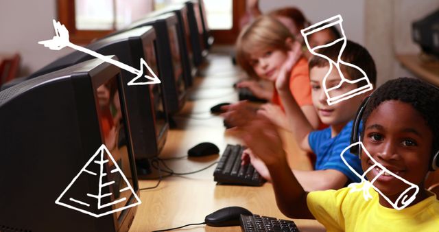 Children Engaging in Computer Learning with Educational Symbols - Download Free Stock Images Pikwizard.com