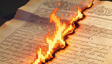 Pixelated Flame Burning Antique Manuscript with Diagonal Tear on Aged Parchment