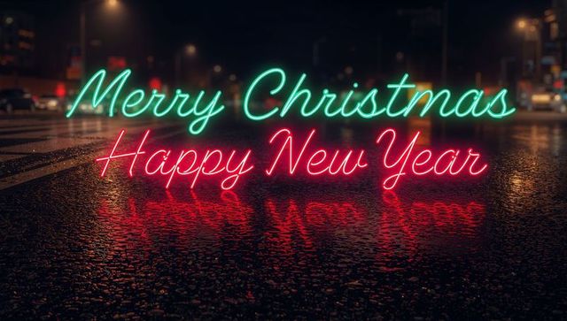 Green and red neon merry christmas happy new year text reflecting on wet city street