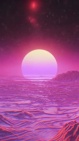 Neon-Pink Sun Descending Over Alien Shoreline Vertical Sci-Fi Sunset Loop