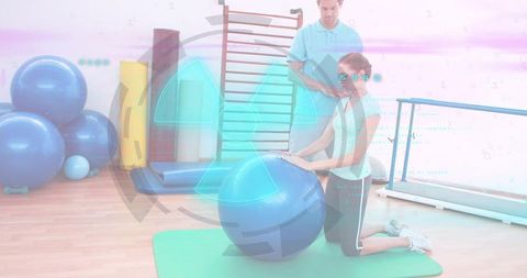 Physical therapist guiding woman using stability ball for rehab with futuristic hud overlay