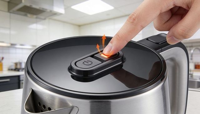 Finger pressing illuminated vent button on steel kettle releasing steam in modern kitchen