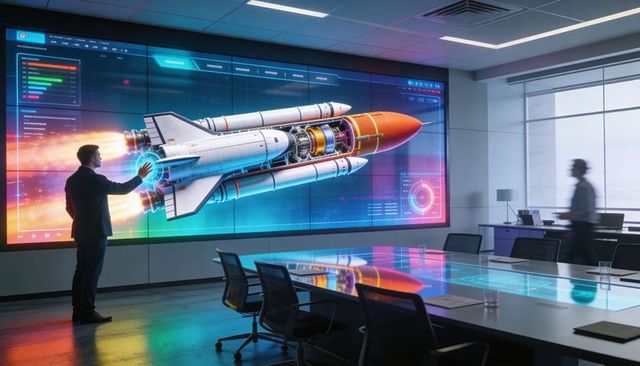 Executive pointing at interactive 3D rocket cutaway on conference wall for aerospace pitch