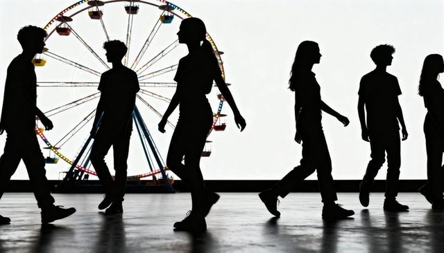 Walking silhouettes crossing reflective walkway in front of illuminated ferris wheel