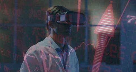 Scientist wearing vr headset analyzing holographic market charts in futuristic lab