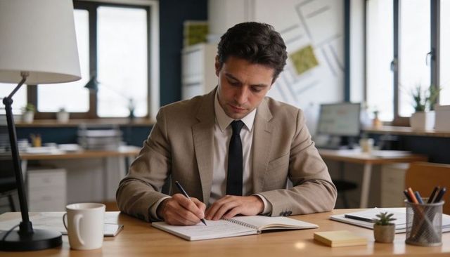Focused professional writing at desk in modern office wearing beige suit and black tie