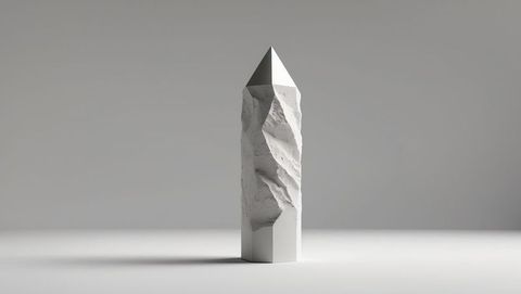 Minimalist white obelisk sculpture with geometric design