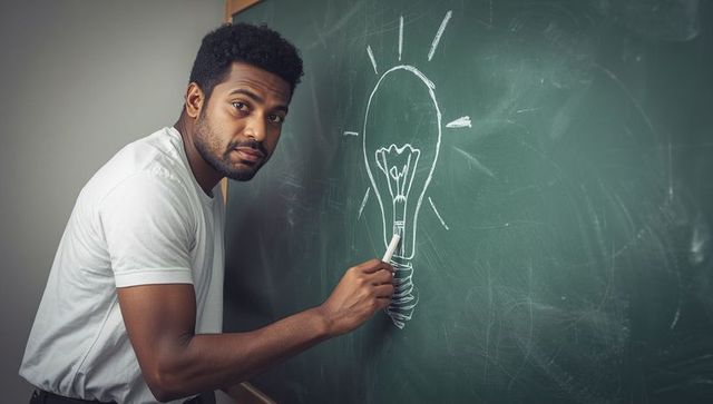 Teacher sketching light bulb on chalkboard inspiring creativity