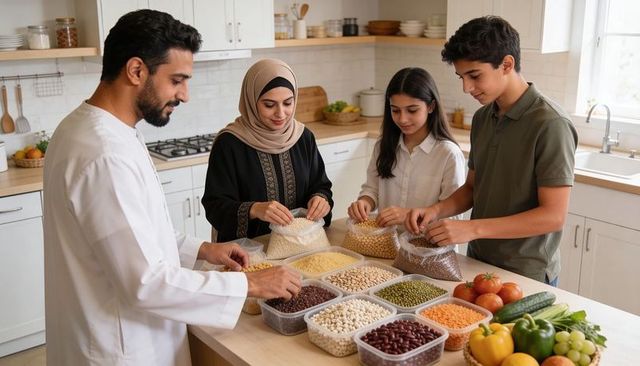 Middle eastern family packing legumes and pulses into containers in bright home kitchen