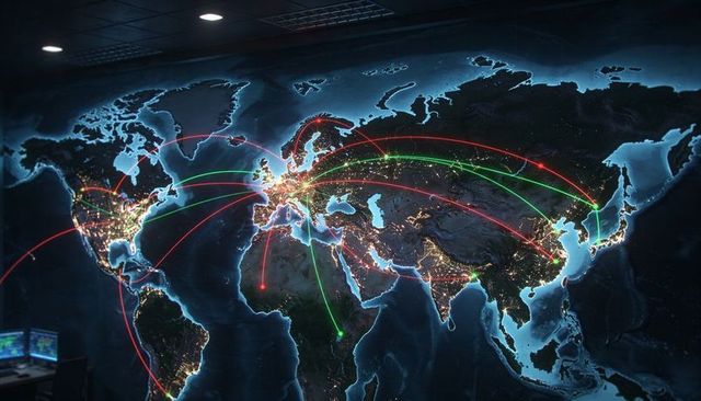 Control room backlit world map displaying glowing city lights and global data arcs