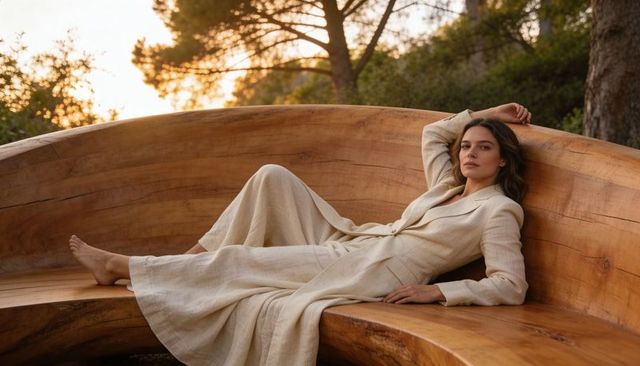 Reclining woman in tailored linen suit on curved carved wooden bench at golden hour